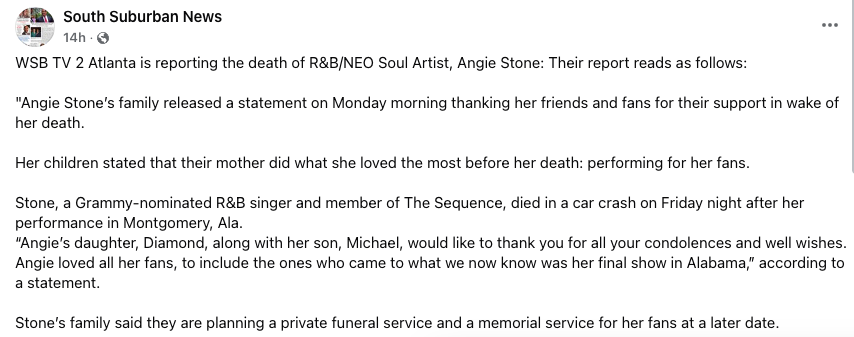 Angie Stone family statement